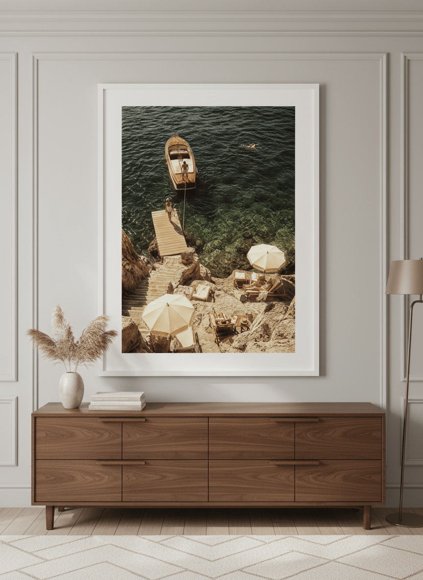 Monumental artwork centred on a feature wall in a luxe interior