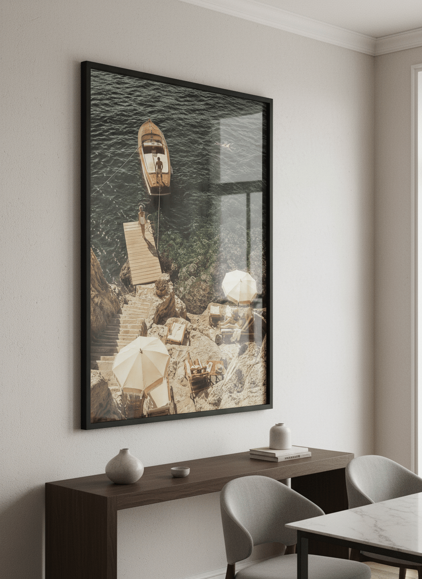 Wall art styled above a dining table in a contemporary home