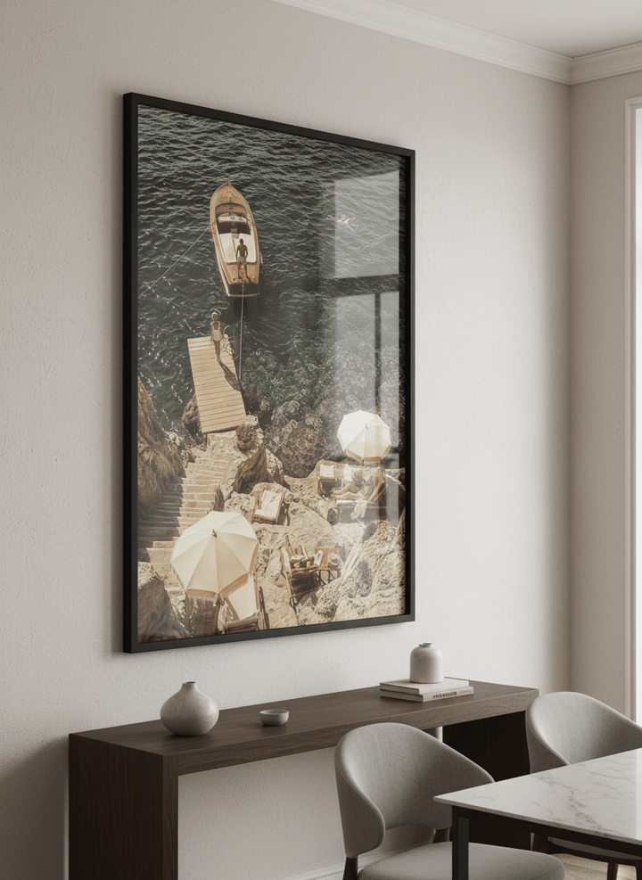 Wall art styled above a dining table in a contemporary home