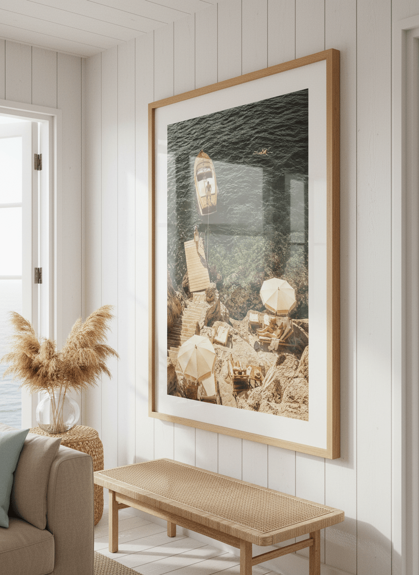 Neutral wall art displayed in a sunny coastal beach house