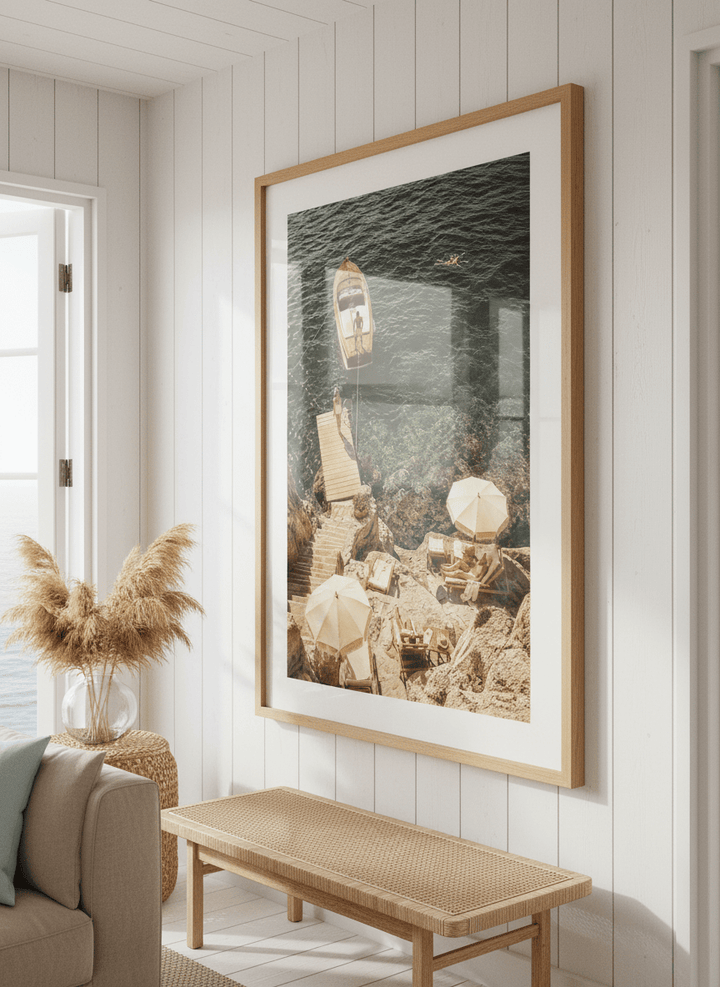 Neutral wall art displayed in a sunny coastal beach house