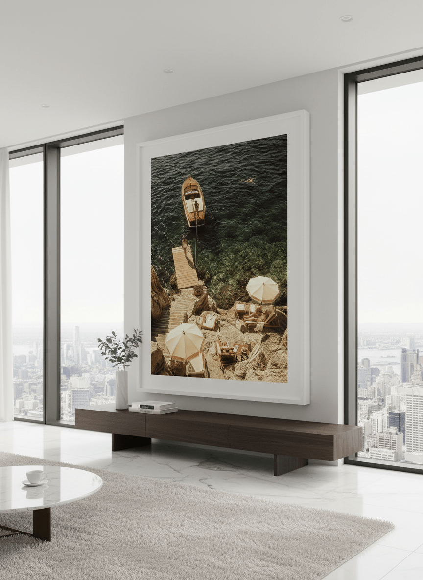 Monumental artwork centred on a feature wall in a luxe interior