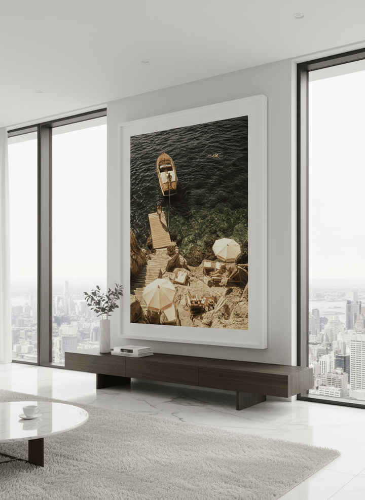 Monumental artwork centred on a feature wall in a luxe interior