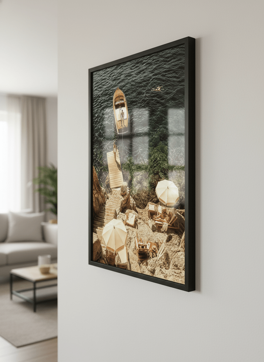 Modern wall art styled above a sofa in a neutral living room