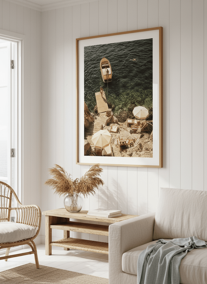 Neutral wall art displayed in a sunny coastal beach house