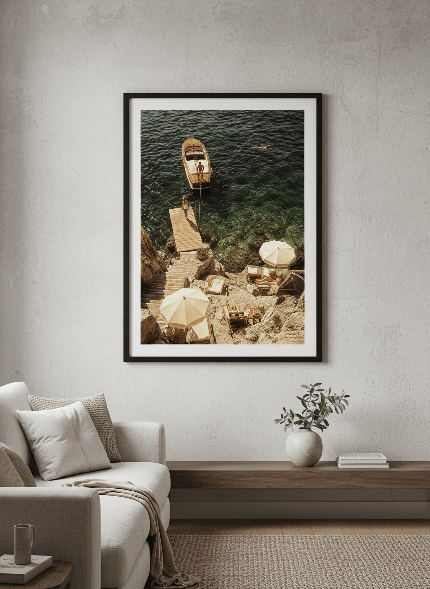 Modern wall art styled above a sofa in a neutral living room