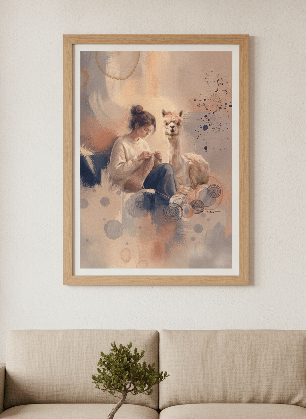 Modern wall art print styled on the wall in a warm Japandi living room