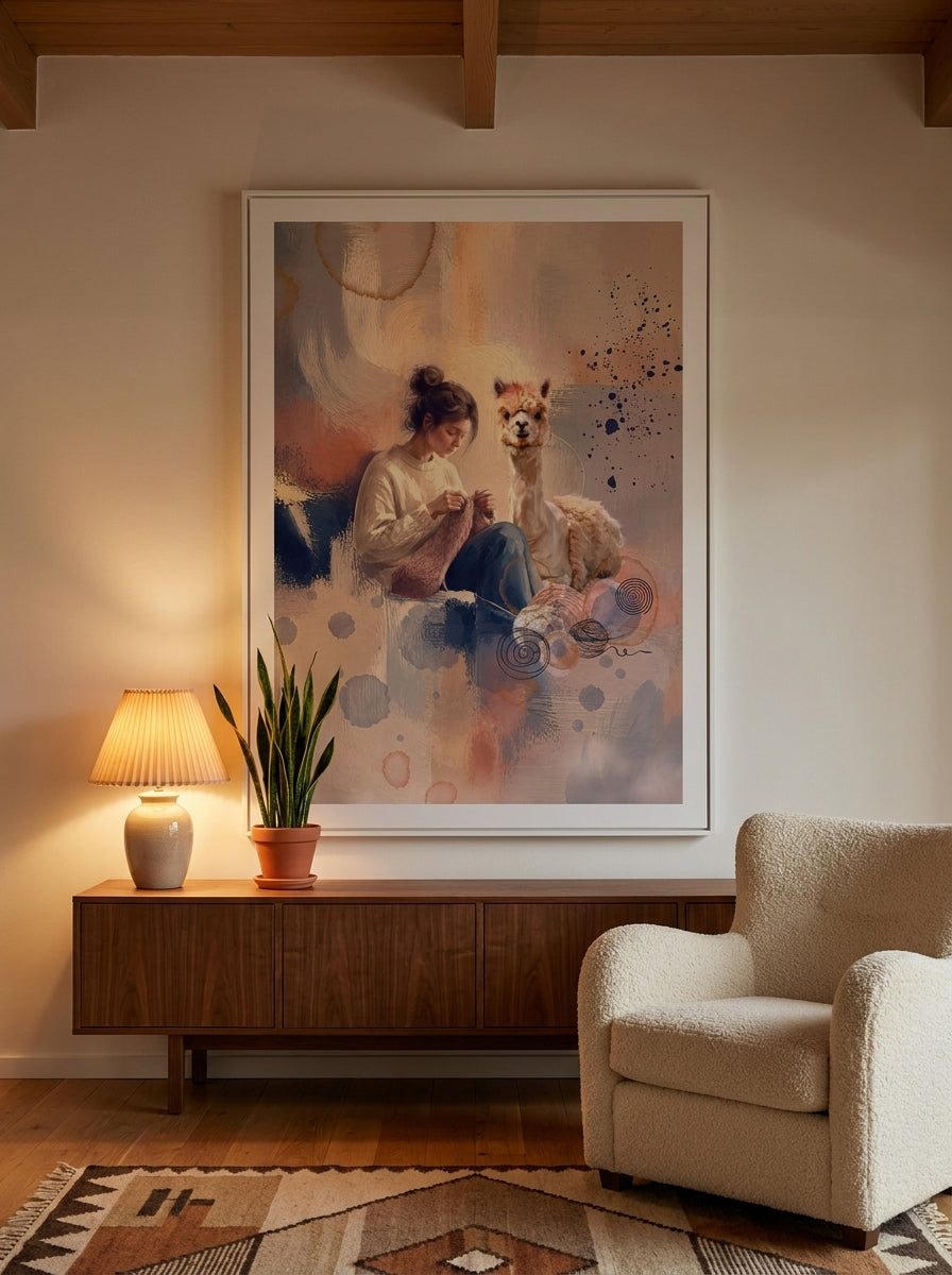 Oversized statement modern wall art print styled on the wall in a mid-century living room