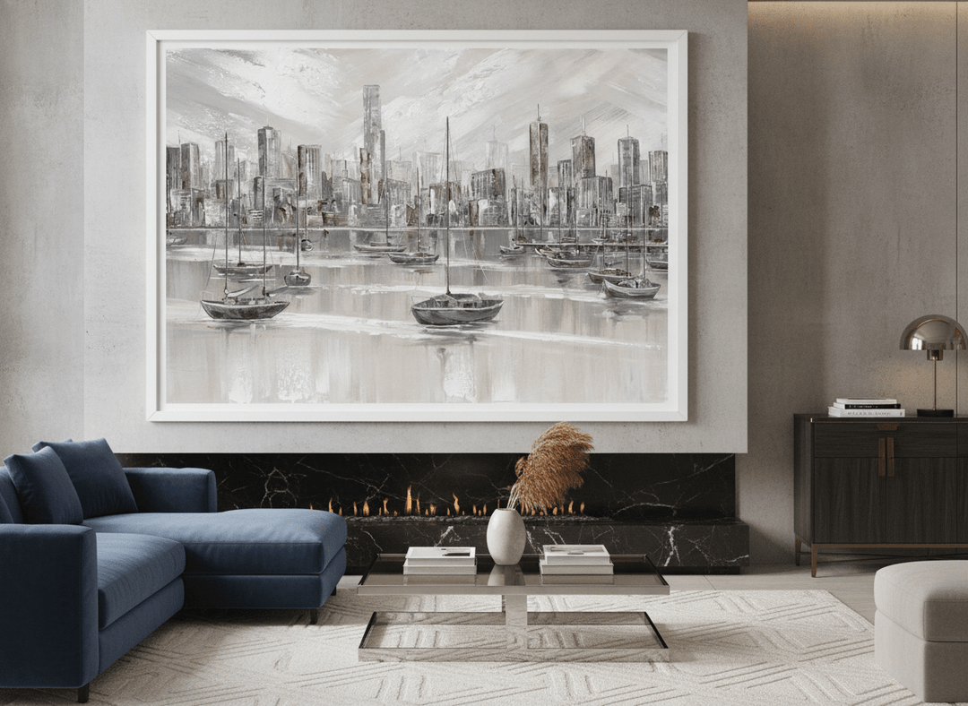 Monumental artwork centred on a feature wall in a luxe interior