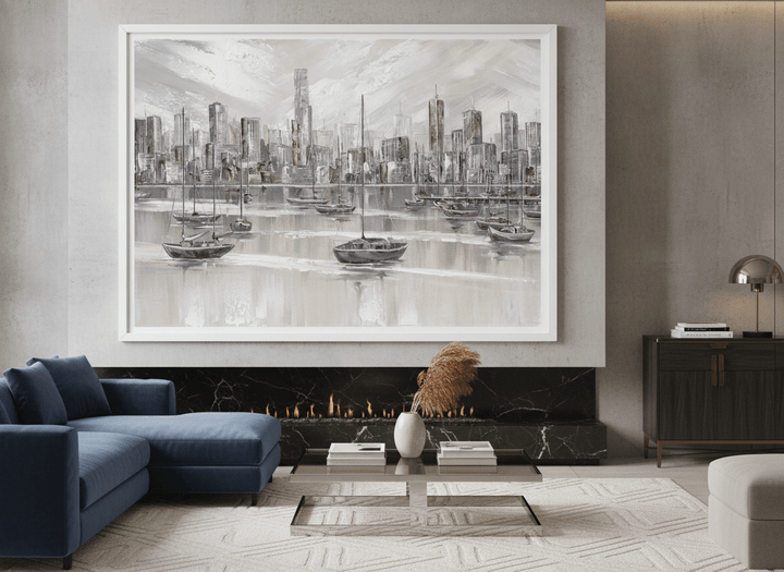 Monumental artwork centred on a feature wall in a luxe interior