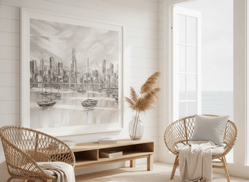 Neutral wall art displayed in a sunny coastal beach house
