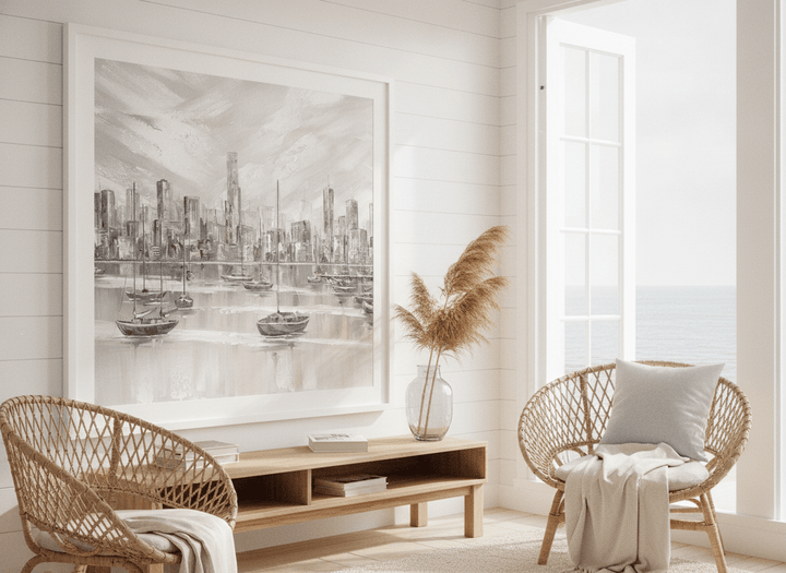 Neutral wall art displayed in a sunny coastal beach house