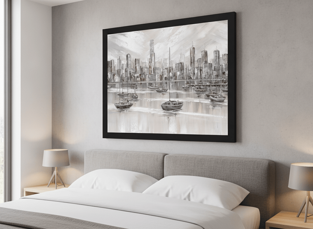 Minimalist artwork displayed in a calm, light-filled bedroom interior