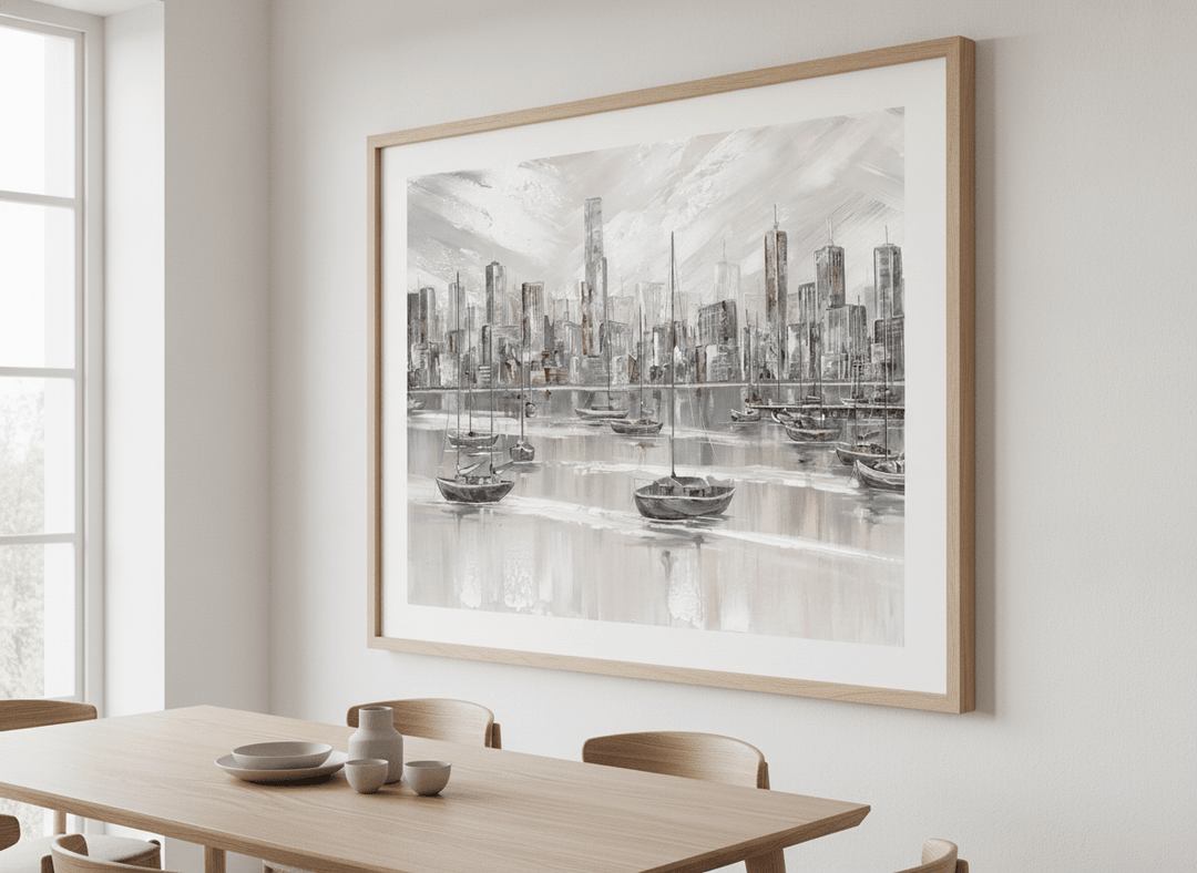 Wall art styled above a dining table in a contemporary home