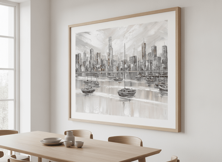 Wall art styled above a dining table in a contemporary home