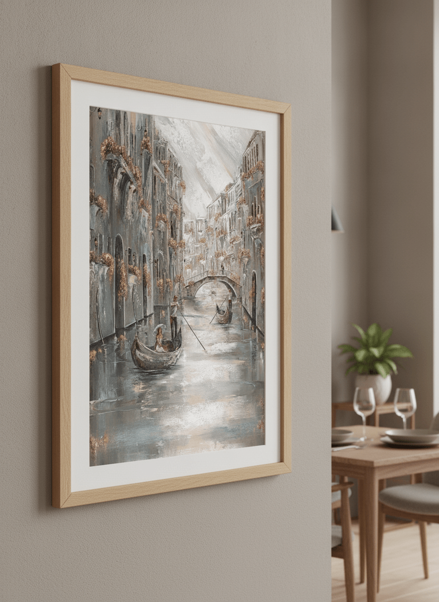 Wall art styled above a dining table in a contemporary home