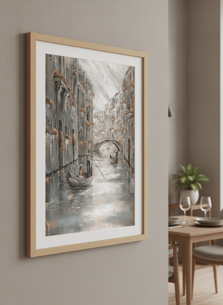 Wall art styled above a dining table in a contemporary home