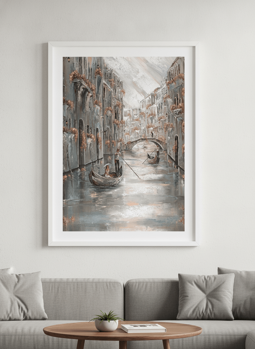 Modern wall art styled above a sofa in a neutral living room
