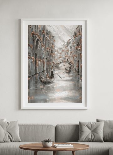 Modern wall art styled above a sofa in a neutral living room