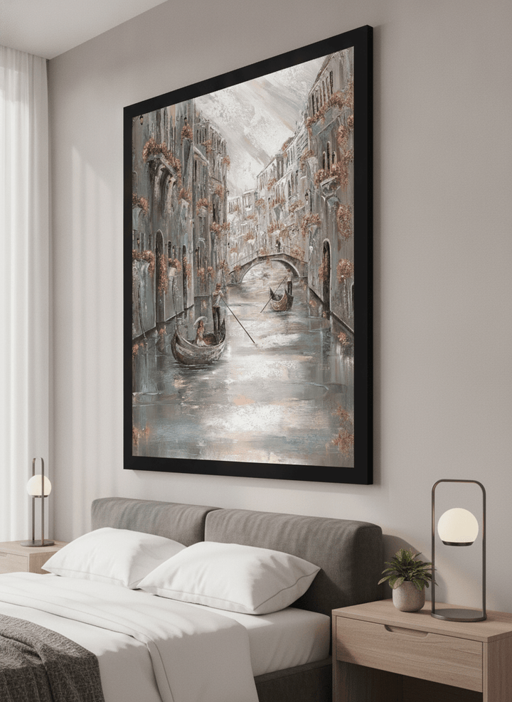 Minimalist artwork displayed in a calm, light-filled bedroom interior