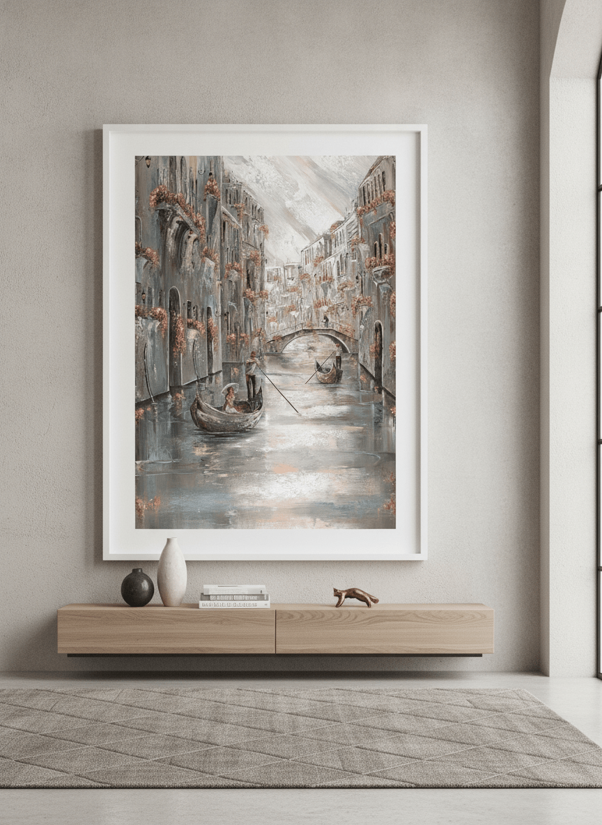 Monumental artwork centred on a feature wall in a luxe interior