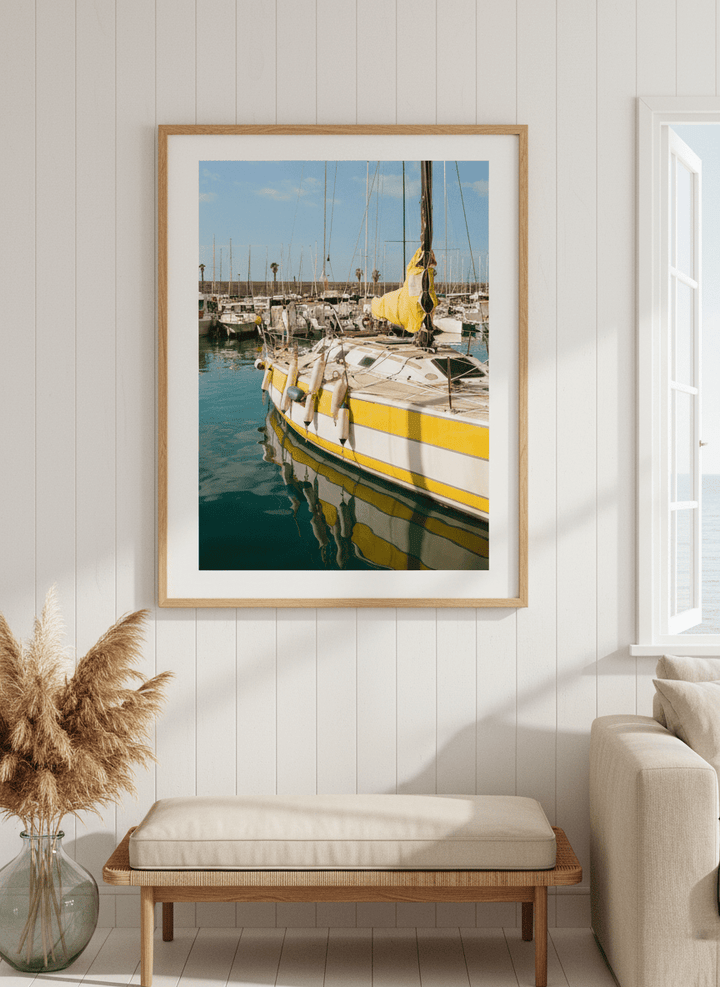 Neutral wall art displayed in a sunny coastal beach house