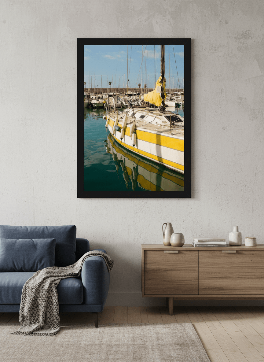 Modern wall art styled above a sofa in a neutral living room