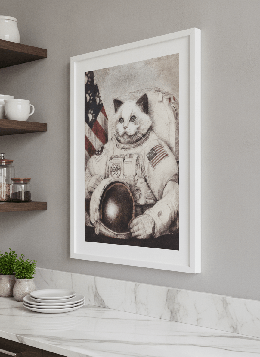Artwork styled on the wall of a bright modern kitchen