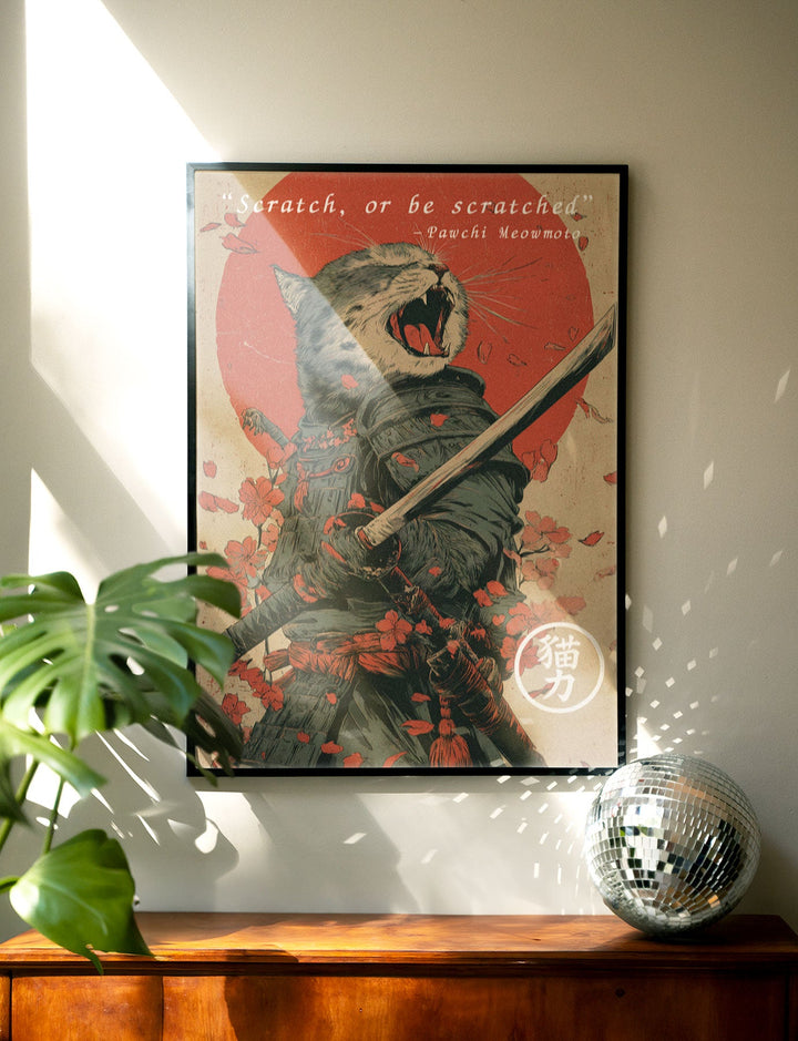 Meowmoto Japanese Cat Samurai Vintage Poster wall - art - picture - poster