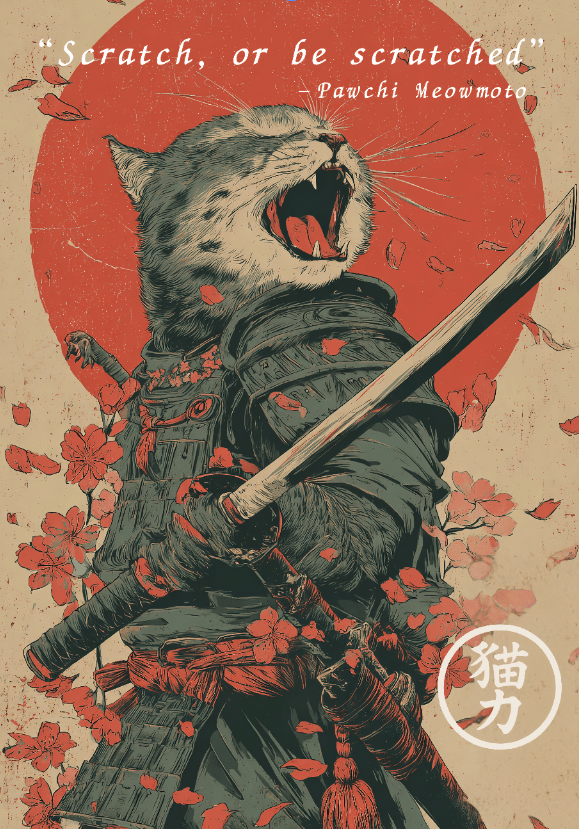 Meowmoto Japanese Cat Samurai Vintage Poster
