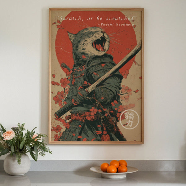 Meowmoto Japanese Cat Samurai Vintage Poster