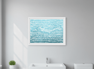Modern print displayed in a clean minimalist bathroom setting