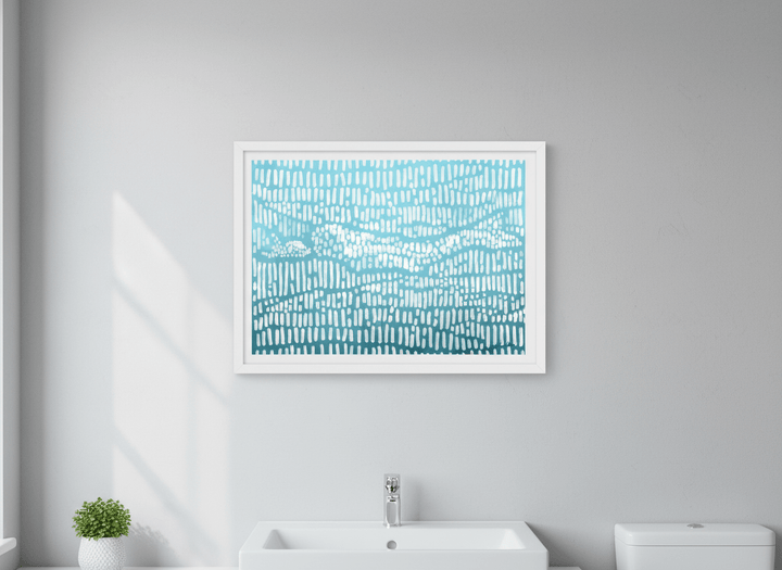 Modern print displayed in a clean minimalist bathroom setting