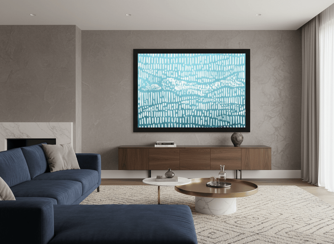 Monumental artwork centred on a feature wall in a luxe interior