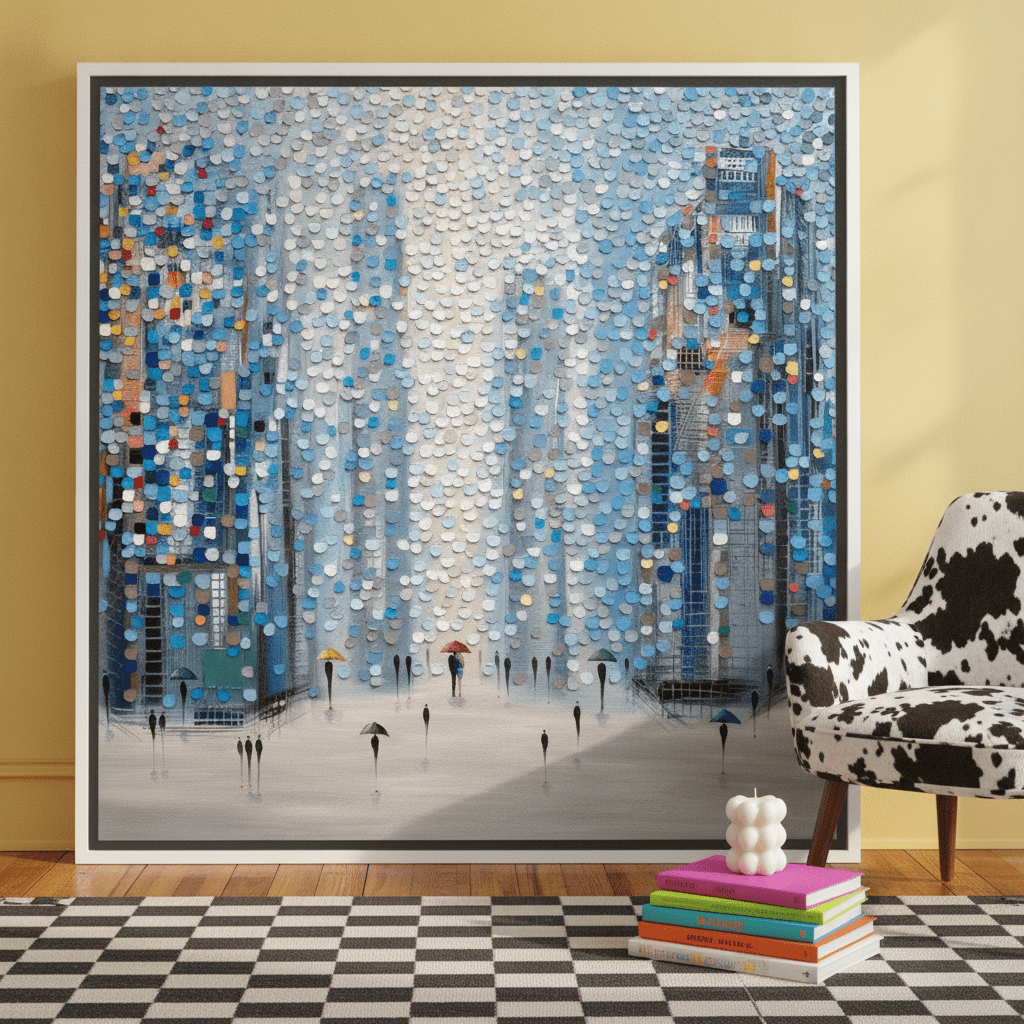 Canvas wall art with a white surround leaning against the wall in a colourful eclectic bedroom