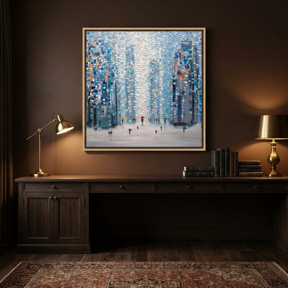 Canvas wall art with a natural timber surround styled on the wall in a moody home office