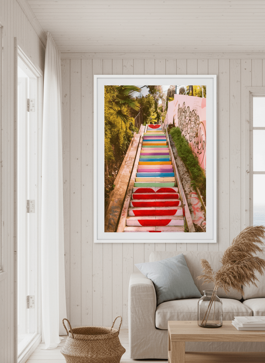 Neutral wall art displayed in a sunny coastal beach house
