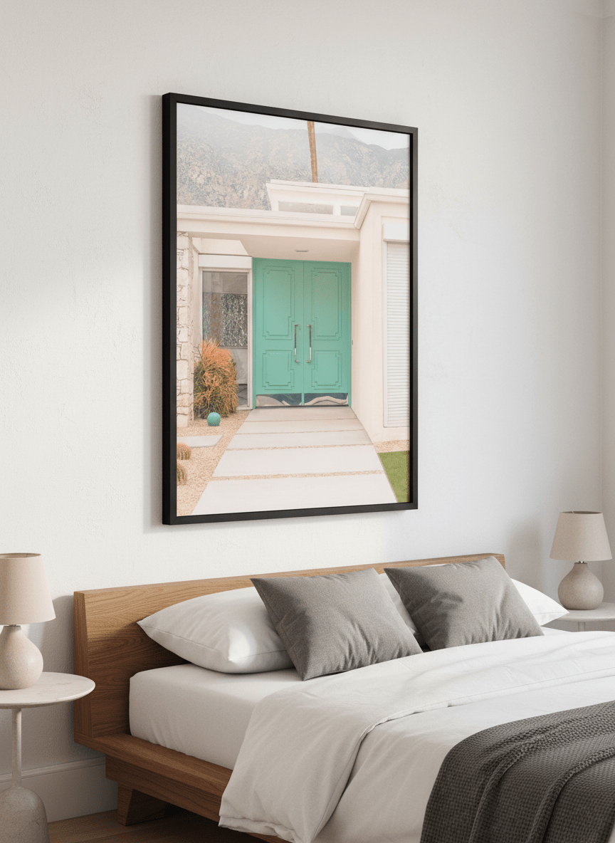Minimalist artwork displayed in a calm, light-filled bedroom interior