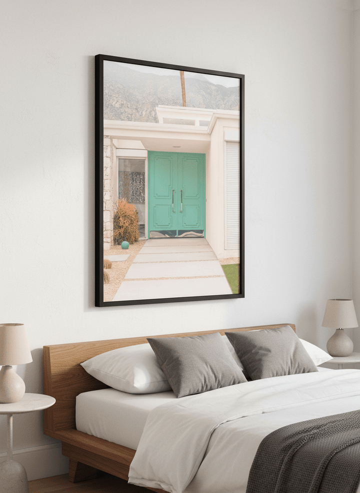 Minimalist artwork displayed in a calm, light-filled bedroom interior
