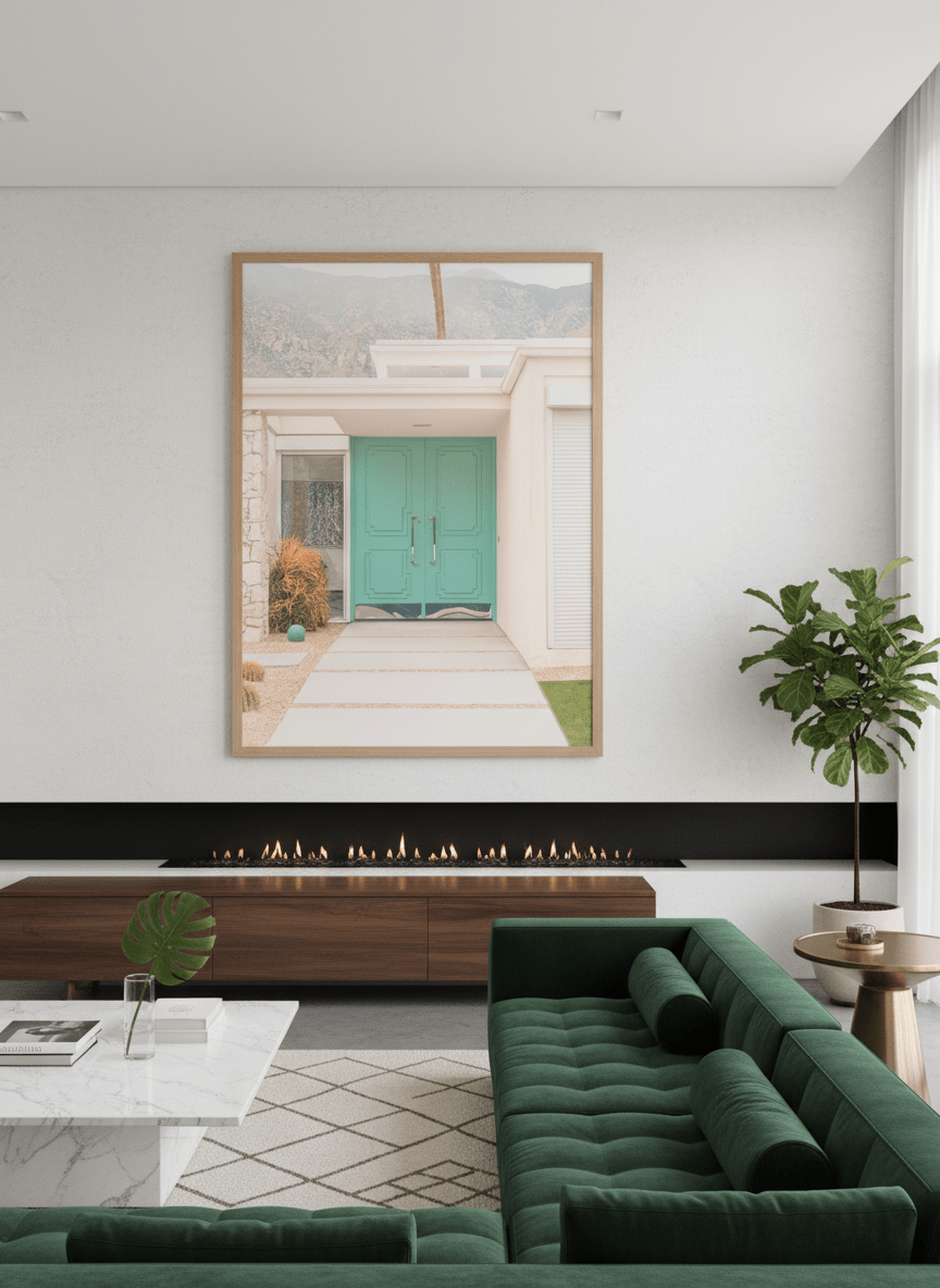 Monumental artwork centred on a feature wall in a luxe interior