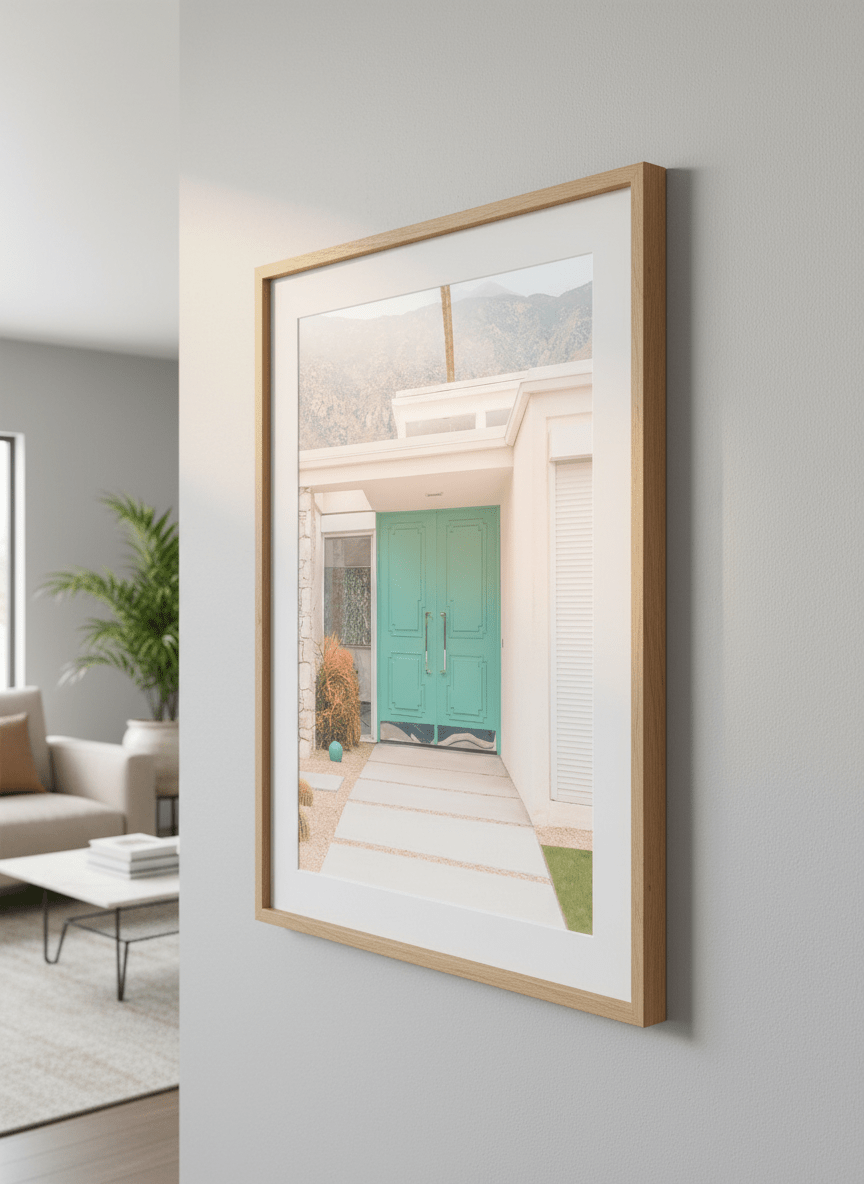 Modern wall art styled above a sofa in a neutral living room