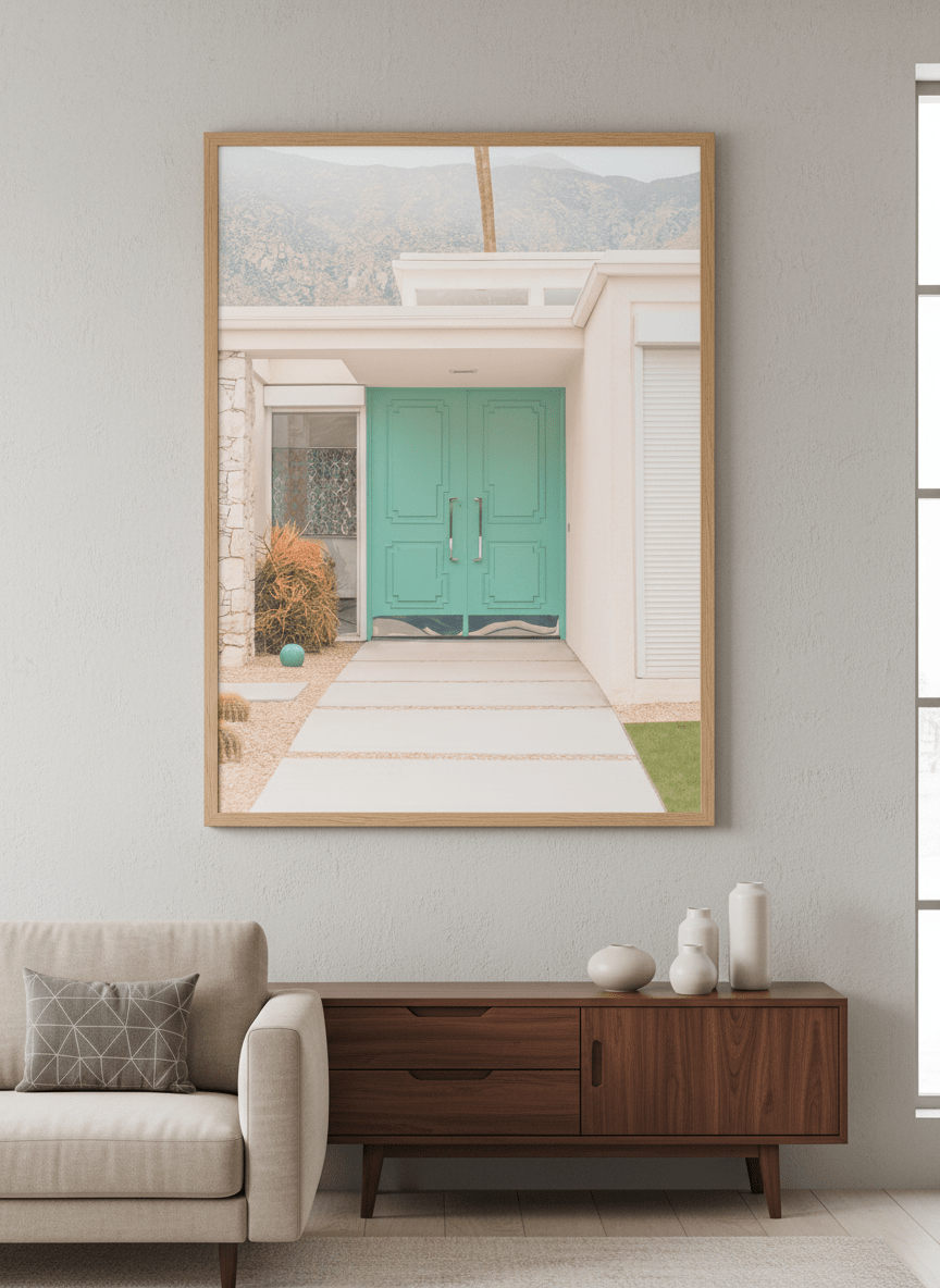 Modern wall art styled above a sofa in a neutral living room