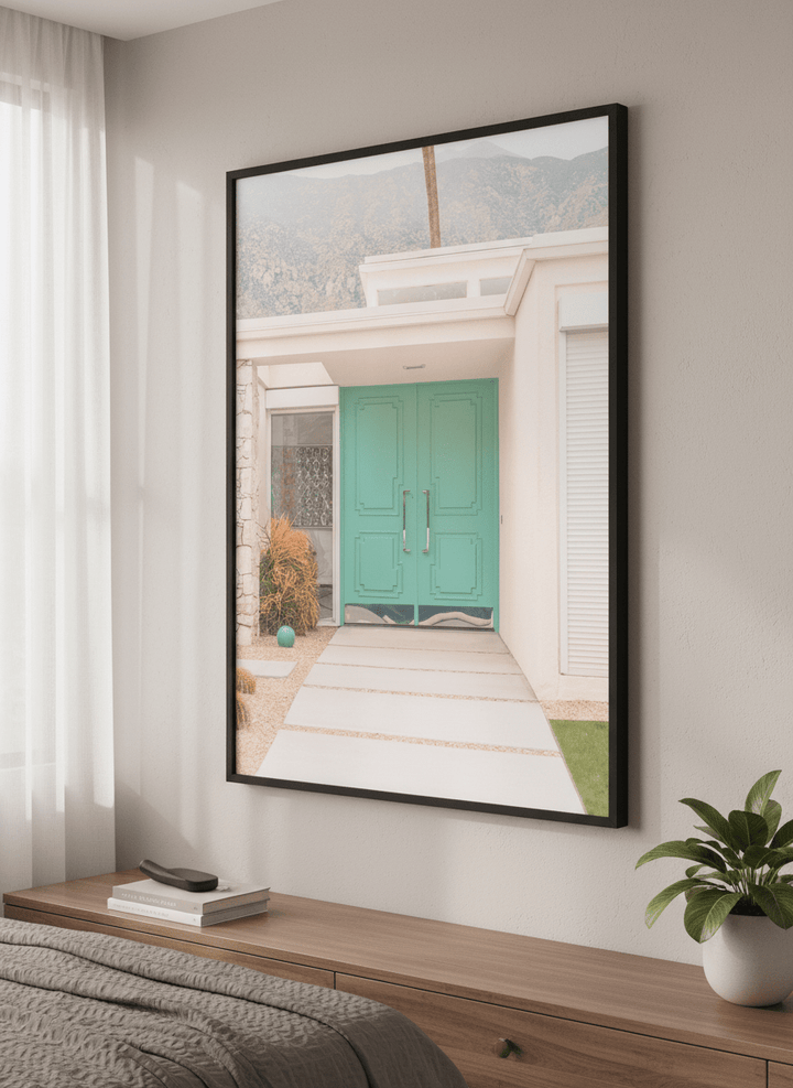 Minimalist artwork displayed in a calm, light-filled bedroom interior