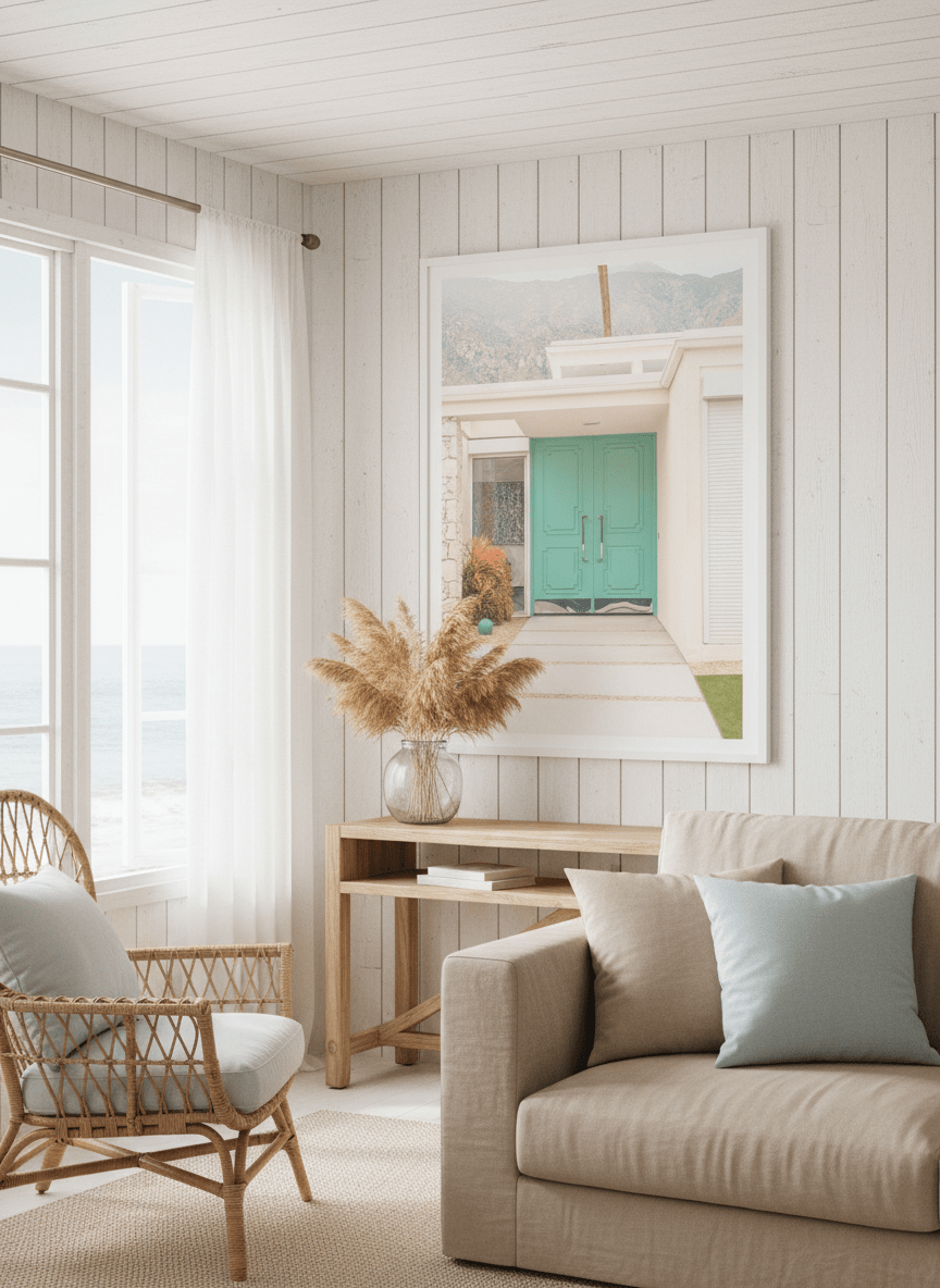 Neutral wall art displayed in a sunny coastal beach house