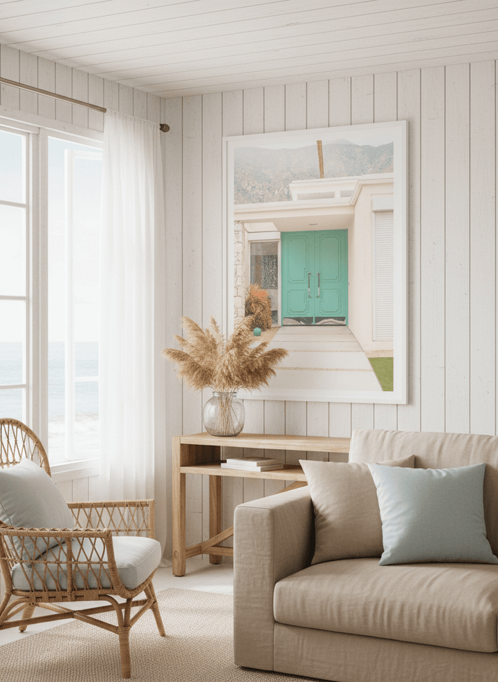 Neutral wall art displayed in a sunny coastal beach house
