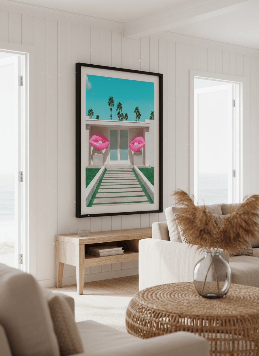 Neutral wall art displayed in a sunny coastal beach house