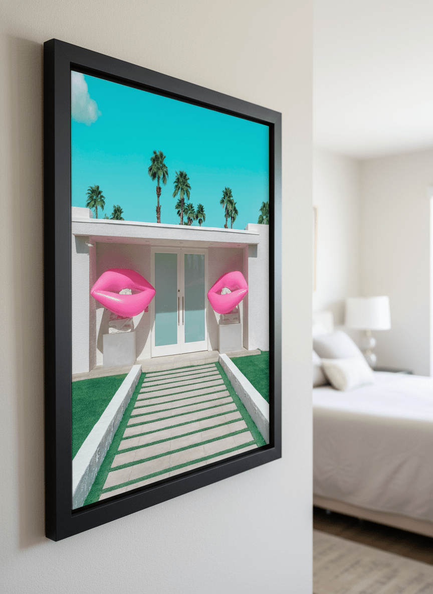 Minimalist artwork displayed in a calm, light-filled bedroom interior
