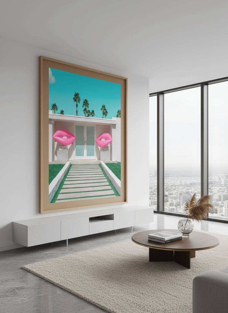Monumental artwork centred on a feature wall in a luxe interior