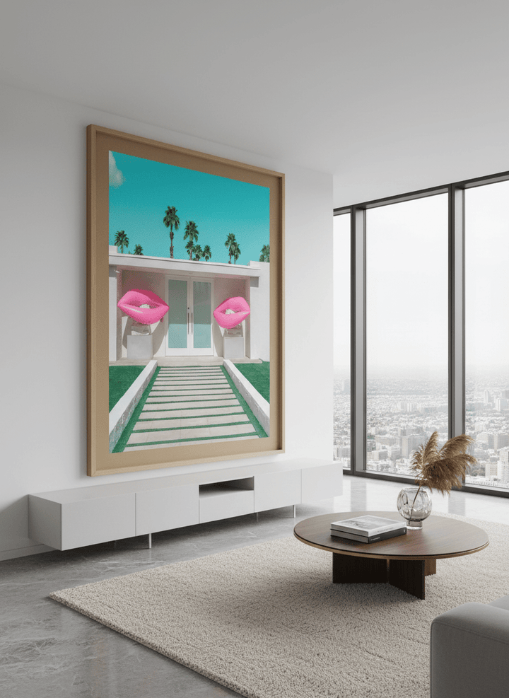 Monumental artwork centred on a feature wall in a luxe interior