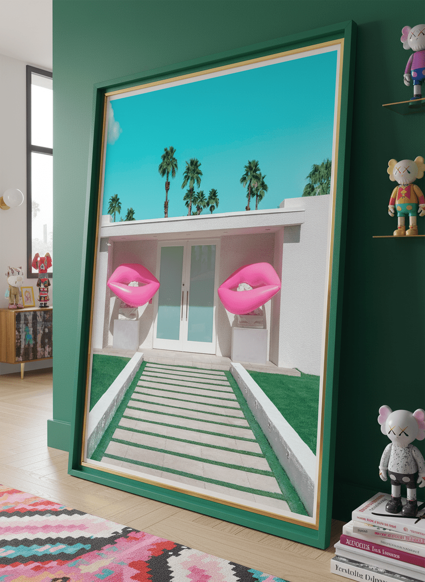 Bold wall art styled in a colourful, eclectic modern home